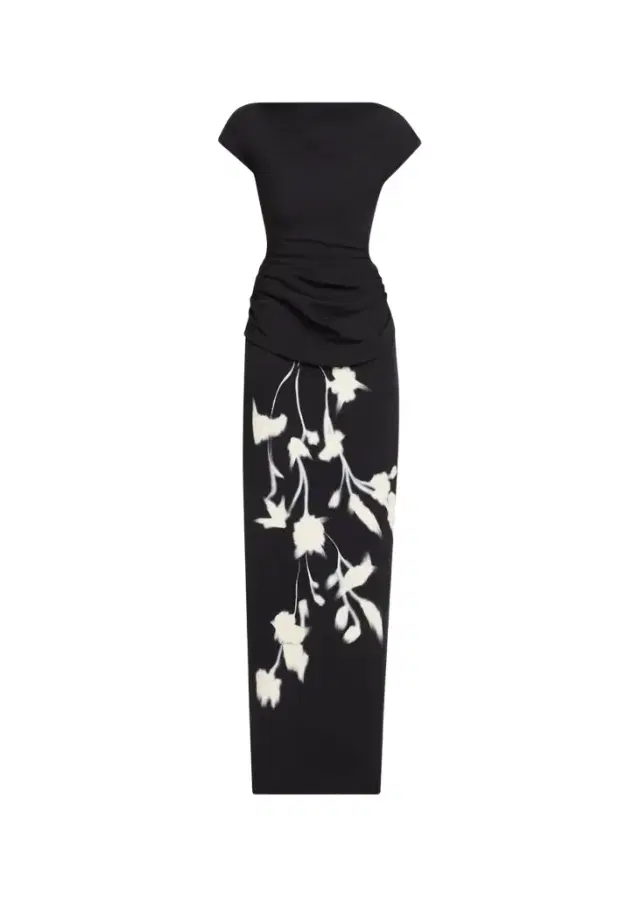Lela Rose Floral Crepe Boat-Neck Draped Column Gown