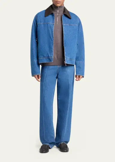Bottega Veneta Men's Leather Intrecciato-Collar Denim Jacket | Thumbnail 2 Bottega Veneta Men's Leather Intrecciato-Collar Denim Jacket | Thumbnail 2