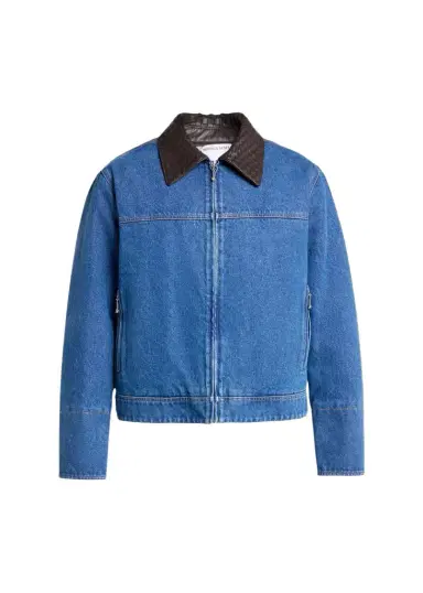 Bottega Veneta Men's Leather Intrecciato-Collar Denim Jacket | Thumbnail 1 Bottega Veneta Men's Leather Intrecciato-Collar Denim Jacket | Thumbnail 1