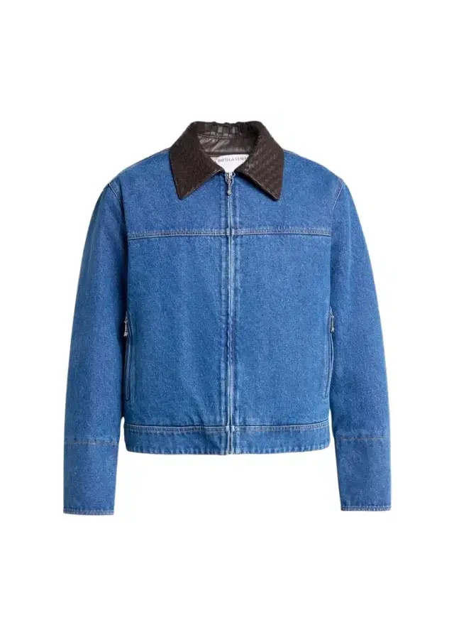 Bottega Veneta Men's Leather Intrecciato-Collar Denim Jacket