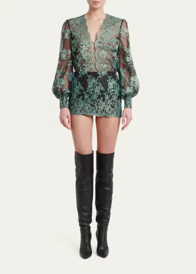 Valentino Garavani Blouson-Sleeve Scalloped Sheer Lace Top | Thumbnail 2