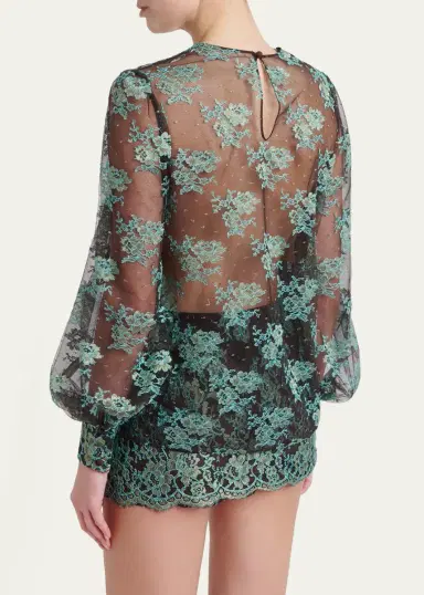 Valentino Garavani Blouson-Sleeve Scalloped Sheer Lace Top | Thumbnail 3