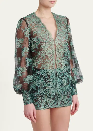 Valentino Garavani Blouson-Sleeve Scalloped Sheer Lace Top | Thumbnail 4
