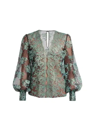 Valentino Garavani Blouson-Sleeve Scalloped Sheer Lace Top | Thumbnail 1