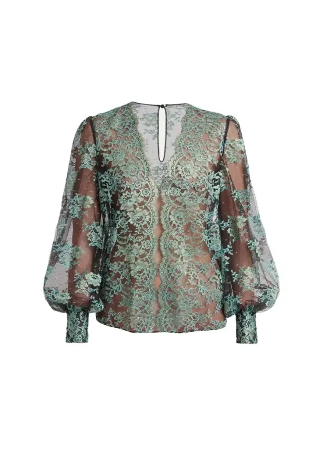 Valentino Garavani Blouson-Sleeve Scalloped Sheer Lace Top
