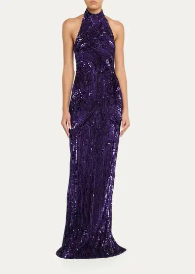 PAMELLA ROLAND Wave Beaded Halter Column Gown | Thumbnail 2