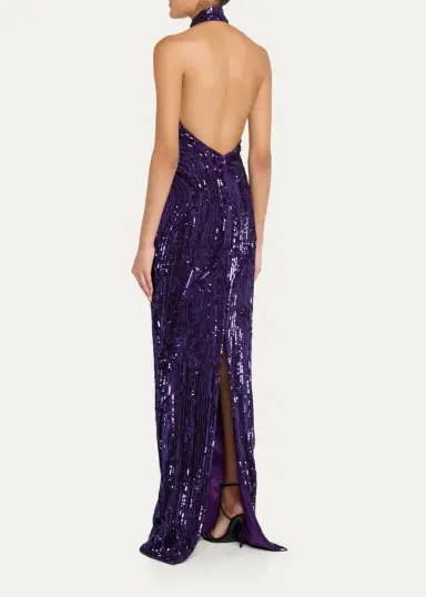 PAMELLA ROLAND Wave Beaded Halter Column Gown | Thumbnail 3
