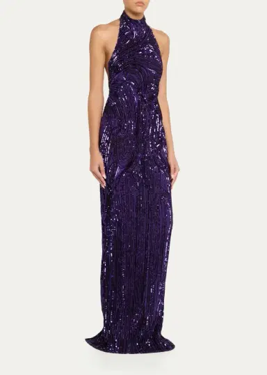 PAMELLA ROLAND Wave Beaded Halter Column Gown | Thumbnail 4