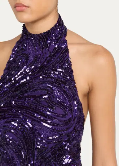 PAMELLA ROLAND Wave Beaded Halter Column Gown | Thumbnail 5