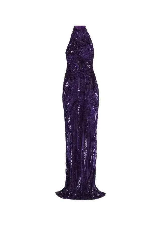 Wave Beaded Halter Column Gown