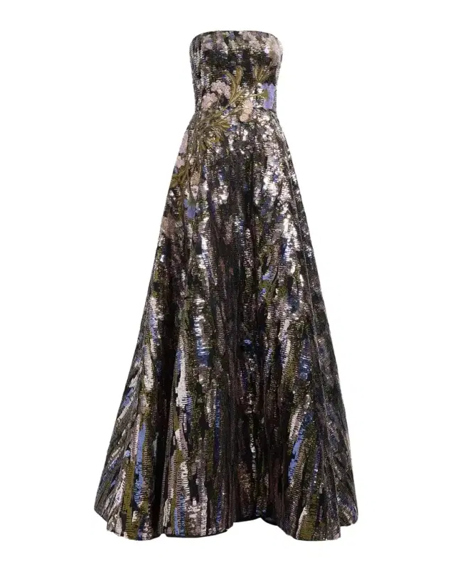 Elie Saab Floral Sequined Strapless A-Line Gown