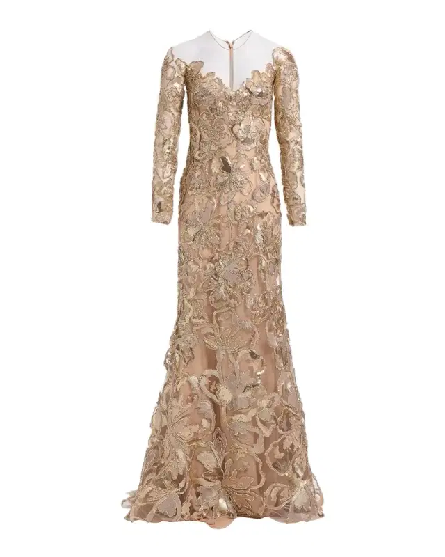 Long-Sleeve Metallic Raffia Embroidered Illusion Gown