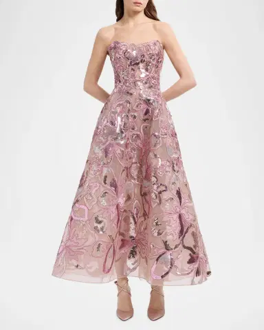 Elie Saab Strapless Floral Sequined Tea-Length Gown | Thumbnail 2