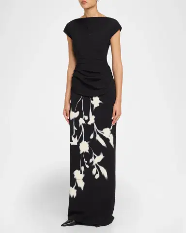 Lela Rose Floral Crepe Boat-Neck Draped Column Gown | Thumbnail 4 Lela Rose Floral Crepe Boat-Neck Draped Column Gown | Thumbnail 4