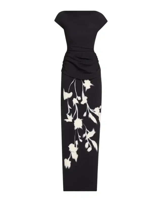 Lela Rose Floral Crepe Boat-Neck Draped Column Gown