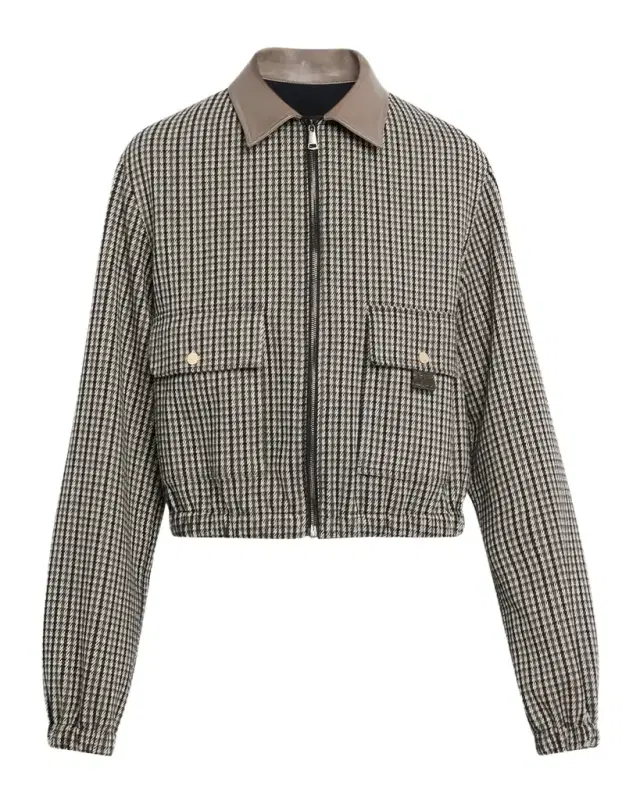 Fabiana Filippi Leather-Collar Houndstooth Jersey Jacket