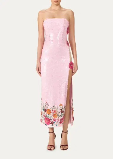 Costarellos Harlee Strapless Flower Sequined Slit Midi Dress | Thumbnail 2
