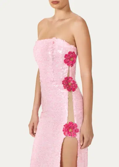 Costarellos Harlee Strapless Flower Sequined Slit Midi Dress | Thumbnail 4
