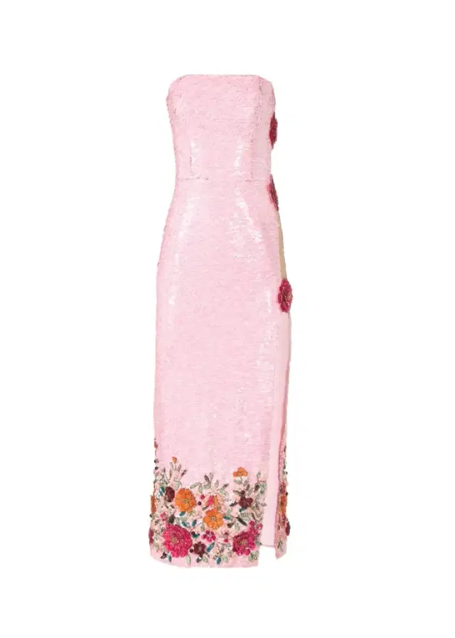 Harlee Strapless Flower Sequined Slit Midi Dress