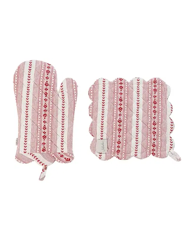Juliska Villa Stripe Ruby Oven Mitt and Pot Holder 2pc Set