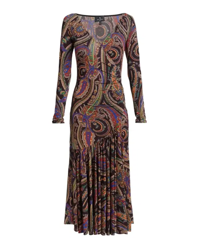 Long-Sleeve Paisley Jersey Ruffle Midi Dress Long-Sleeve Paisley Jersey Ruffle Midi Dress