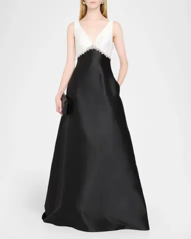PAMELLA ROLAND Sleeveless Colorblock Mikado Silk Empire Gown | Thumbnail 2