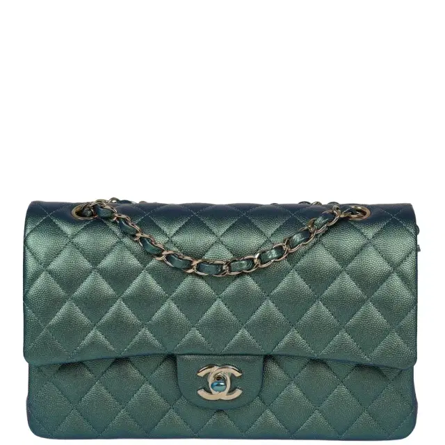 Chanel Chanel Medium Classic Double Flap Bag Green Iridescent Caviar Light Gold Hardware