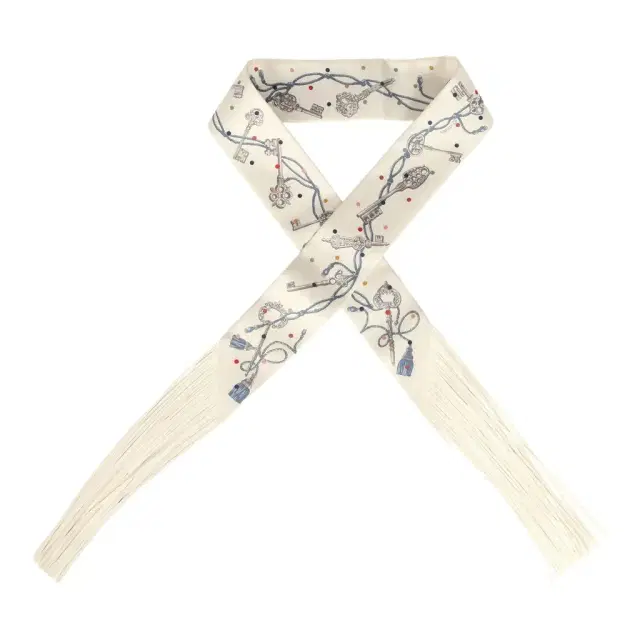 Hermes "Les Cles a Pois" Creme, Gris Perle, Multicolor Fringe Silk