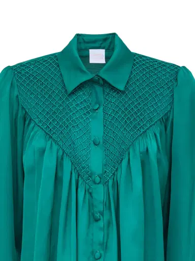 Loretta Caponi Milvia Smocked Satin Blouse | Thumbnail 3