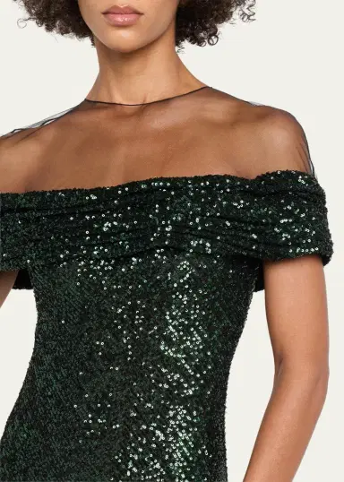 Naeem Khan Off-The-Shoulder Sequined Illusion Gown | Thumbnail 9