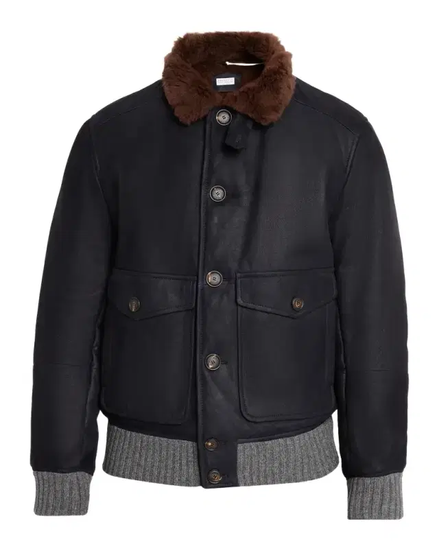 Brunello Cucinelli Men's Shearling-Collar Leather Bomber Jacket