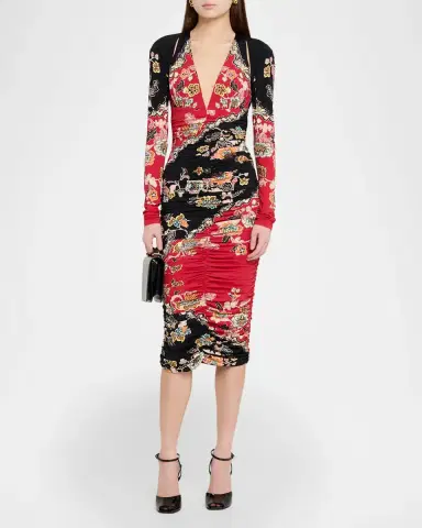 Roberto Cavalli Ruched Open-Back Long-Sleeve Midi Dress | Thumbnail 2