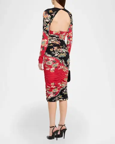 Roberto Cavalli Ruched Open-Back Long-Sleeve Midi Dress | Thumbnail 3
