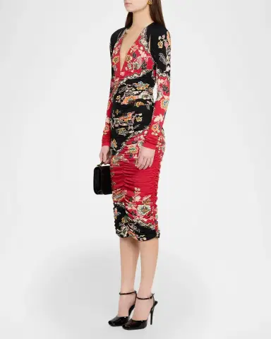 Roberto Cavalli Ruched Open-Back Long-Sleeve Midi Dress | Thumbnail 4