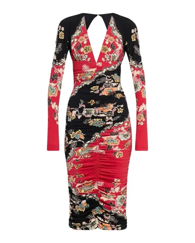 Ruched Open-Back Long-Sleeve Midi Dress