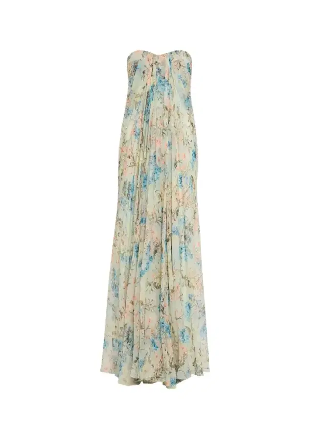 Goddess Floral Draped Bustier Strapless Silk Maxi Dress