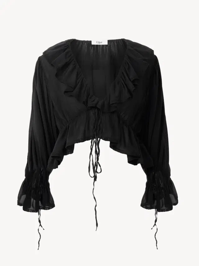 Chloe Cropped V-neck ruffle top in silk georgette & lace