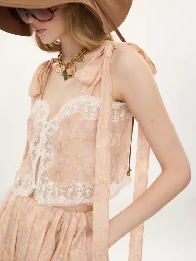 Chloé Knotted-strap cropped top in silk charmeuse & lace | Thumbnail 5