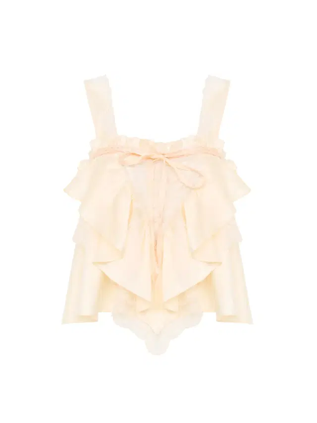 Sleeveless ruffle top in washed silk satin & lace