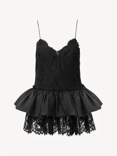 Chloe Thin-strap ruffle top in technical taffeta & lace