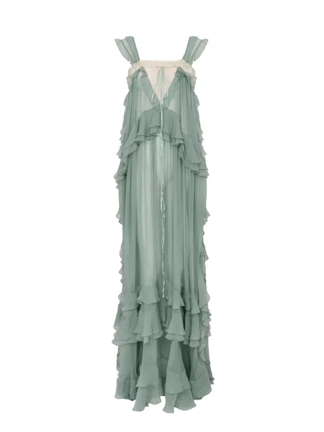 Sleeveless layered long dress in silk mousseline & lace