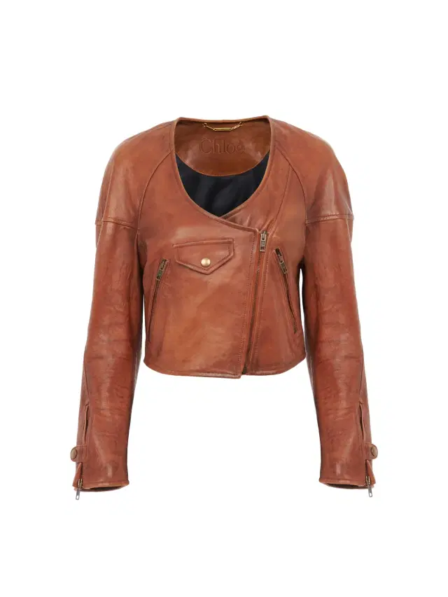 Cropped scoop-neck jacket in leather