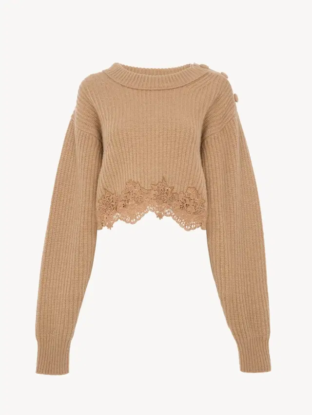 CHLOE ACCESSORIES Cropped mock-neck sweater in a wool and cashmere knit & lace