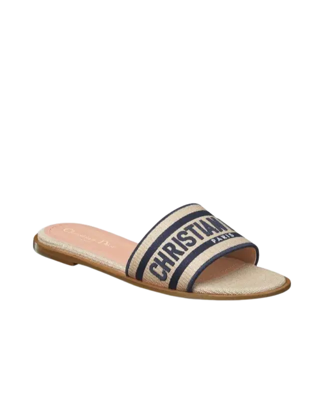 Dior Dway Slide Natural Raffia and Deep Blue Embroidered Cotton
