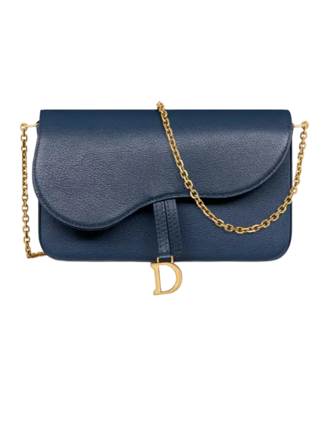 Dior Medium Saddle Pouch with Chain IN Deep Ocean Blue Goatskin