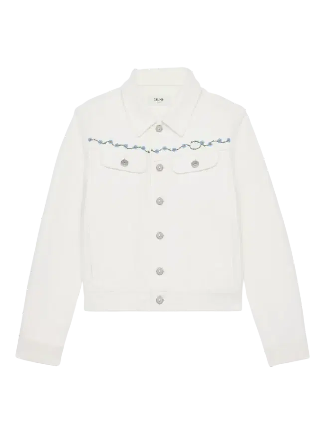 Celine embroidered trucker jacket in raw wash white denim