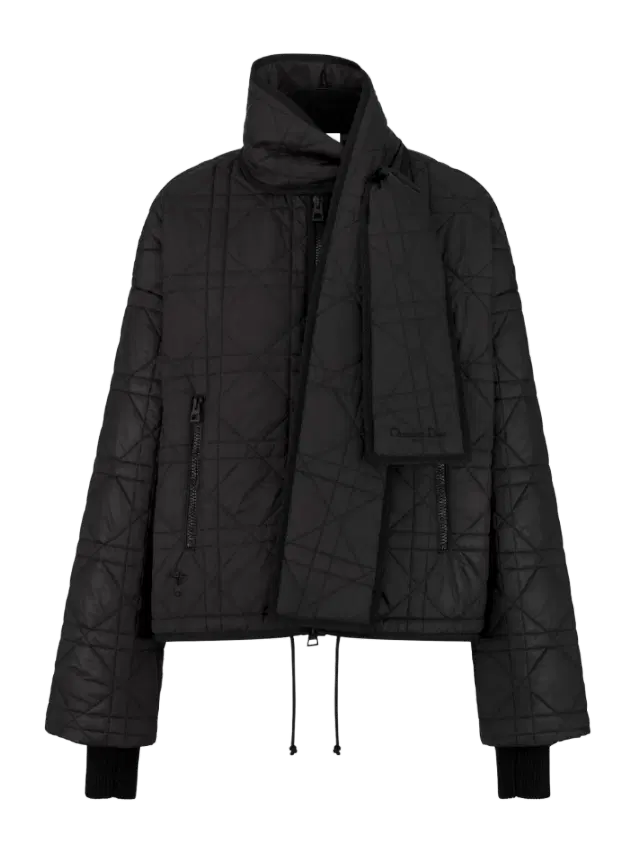 Dior Black Quilted Technical Taffeta Macrocannage Coat with Scarf Collar