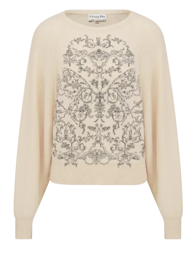 Dior Ecru Cashmere Knit with Black Dioresque Butterfly Motif Embroidered Sweater