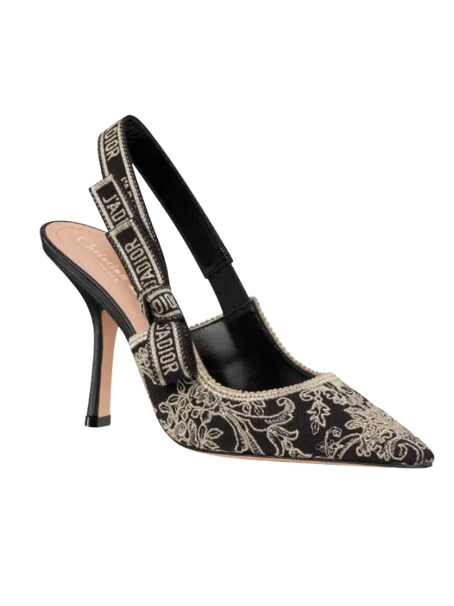 Dior Black Cotton Embroidered with Floral Motif in Gold-Tone Metallic Thread J'Adior Slingback Pump