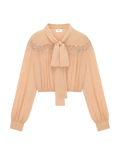 Saint Laurent Silk Georgette and Lace Lavallière Blouse | Thumbnail 1 Saint Laurent Silk Georgette and Lace Lavallière Blouse | Thumbnail 1